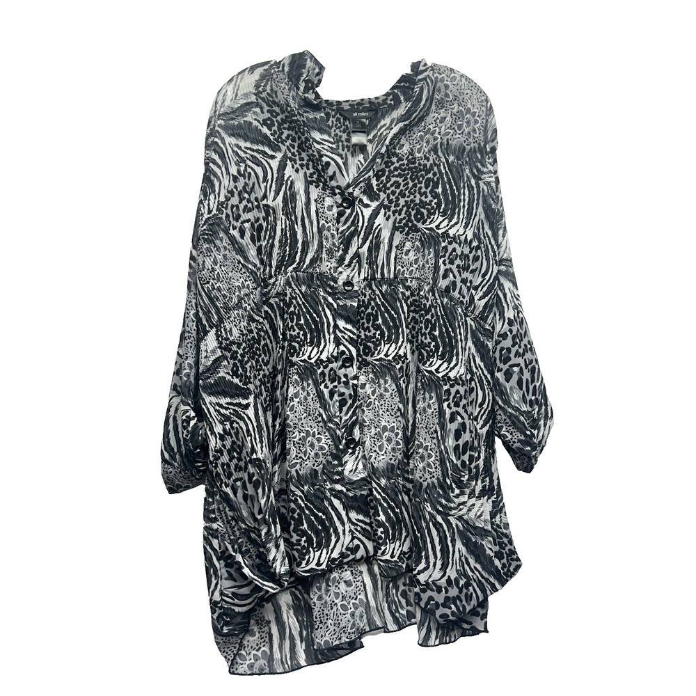 Ali Miles Black/White 1X Button Up Polyester Blouse Shirt (B2)